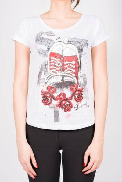 Tee-shirt with shoes and flowers printing